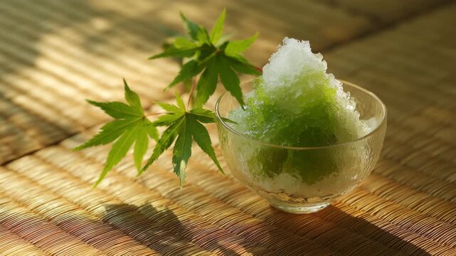 畳の上に置いた夏の抹茶かき氷