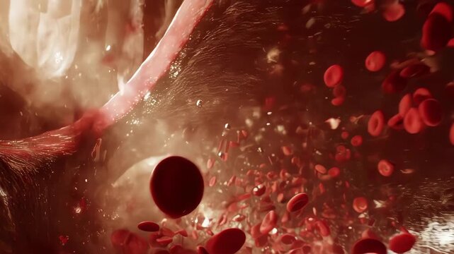 Macro view inside a blood vessel. The walls of the artery are narrowing and vibrating under high pressure. Red blood cells are rushing turbulently. Intense atmosphere, red tones, realistic textures.