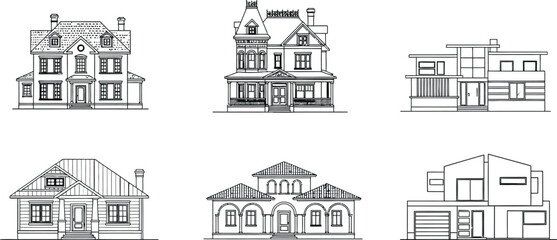 Obraz premium Set of Six Diverse Architectural House Designs in Clean Black and White Line Art Style