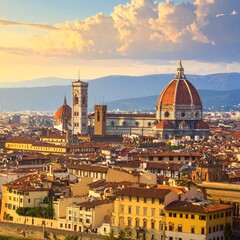 Fototapeta premium A stunning cityscape of a historic European city with terracotta-tiled roofs and a majestic cathedral