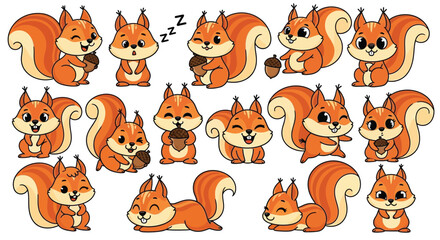 Obraz premium Cute orange squirrel character collection with acorns