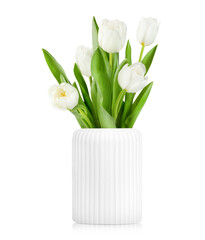 Fototapeta premium White tulips in a white vase on a white isolated background