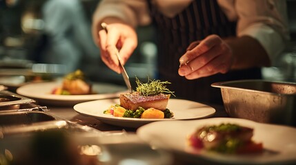 Chef preparing gourmet food plates professionally.