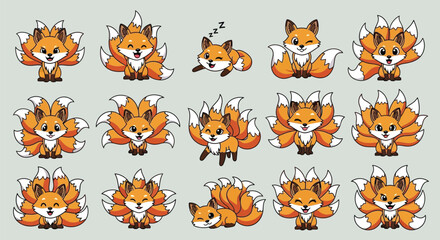 Fototapeta premium Nine-tailed fox character set with various expressions and poses