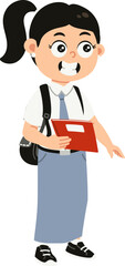 Fototapeta premium Siswi SMA Berdiri Dengan Tas Dan Buku, Back To School Illustration