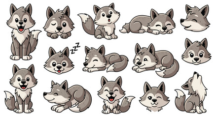 Obraz premium Grey wolf pup character set with different actions and emotions