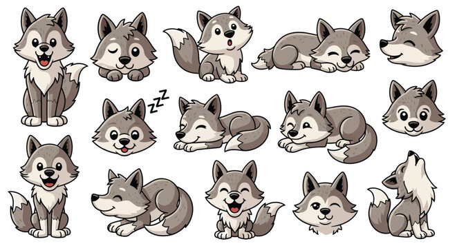 Grey wolf pup character set with different actions and emotions