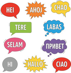 Colorful speech bubbles set with international greetings in different languages for chat and communication concept vector illustration © RUKSHANA