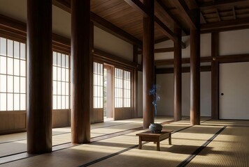 Naklejka premium Interior view of a Japanese Buddhist temple meditation hall. Tatami mat flooring, dark polished wooden pillars. Sunlight filtering through sliding shoji paper doors creating soft rhythmic shadows. 
