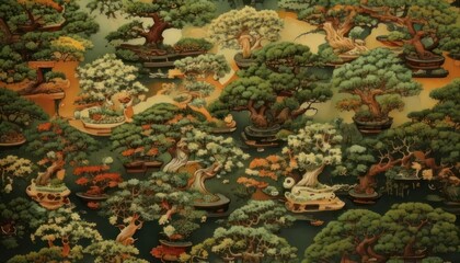 Fototapeta premium Detailed Bonsai Tree Landscape - A Miniature Forest of Tranquility.