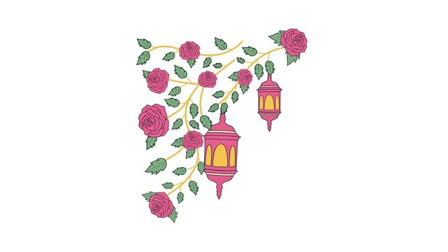 Animated Pink Roses and Arabic Lanterns Corner Frame on White Background