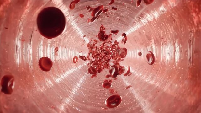 Macro view inside a blood vessel. The walls of the artery are narrowing and vibrating under high pressure. Red blood cells are rushing turbulently. Intense atmosphere, red tones, realistic textures.