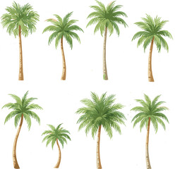 Set of various tropical palm tree designs isolated on white background for beach and summer travel themes © RUKSHANA