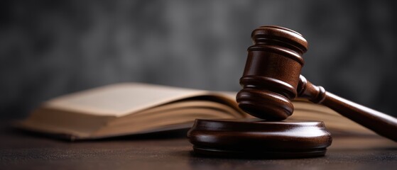 The Gavel and Open Law Book on a Dark Wooden Desk