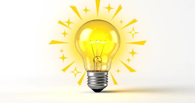 Bright light bulb glowing with sparkles, symbolizing creativity and inspiration in a clean background