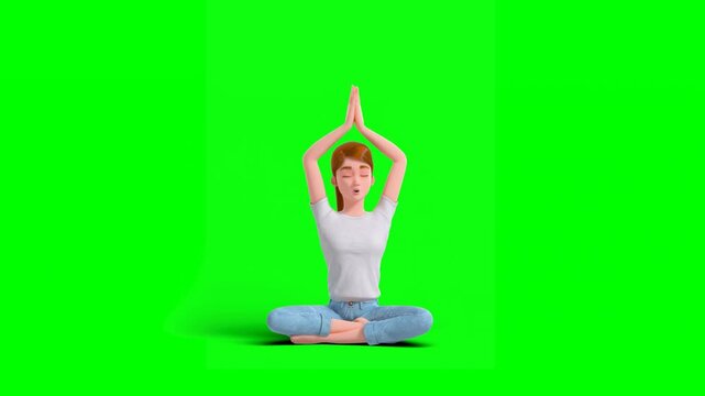 3D Animated Cartoon Redhead Girl in Causal T-Shirt and Jeans Doing Yoga Pranayam, Lotus Pose, Through Controlled Inhalation and Exhalation on Green Background