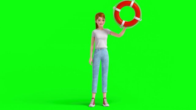 3D Animated Cartoon Woman in T-Shirt and Jeans Standing Holding Lifebuoy Waving and Showing It Around on Green Background