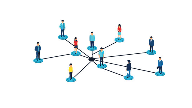 Network of diverse professional people connected together through a central hub illustrating global teamwork and community.