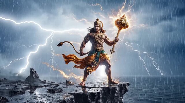 Lord Hanuman with Glowing Gada on Stormy Cliff Hindu God Illustration