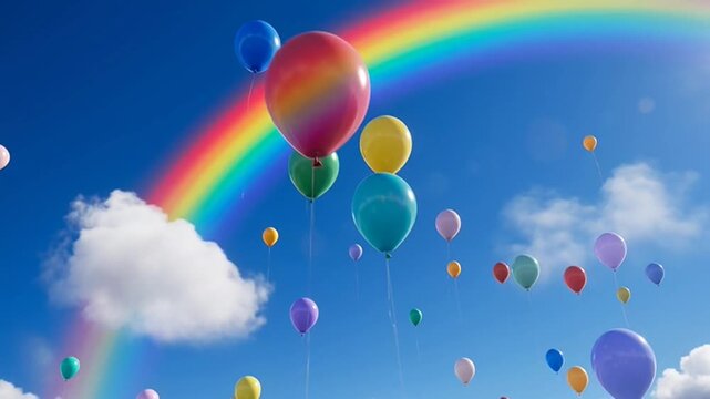 Vibrant balloons float across a clear blue sky under a shimmering rainbow, evoking a sense of joy and celebration