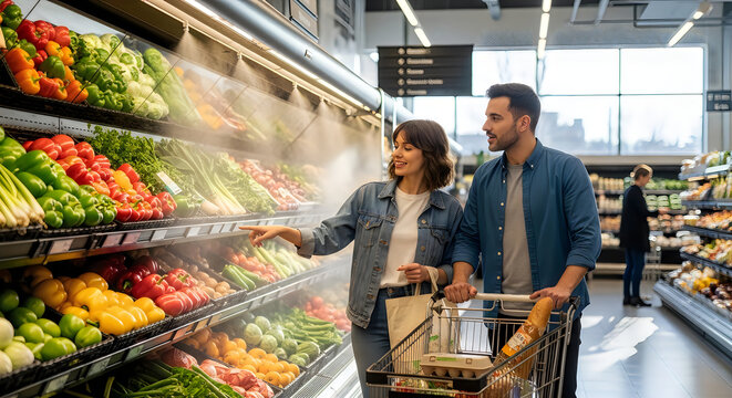 Couple shopping for vegetables in a grocery store