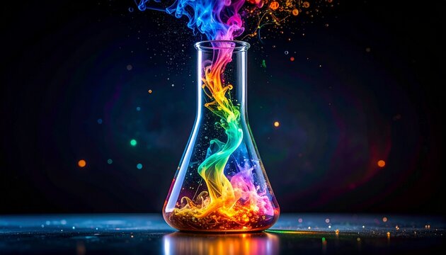 colorful chemical reaction inside glass beaker, laboratory experiment scene, smoke and glowing liquid particles, macro scientific photography style, dark background, ultra detailed