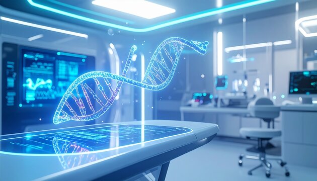 glowing dna double helix floating above laboratory table, futuristic biotechnology concept, blue neon scientific lighting, advanced research environment, ultra detailed, high resolution