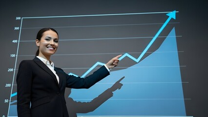 Smiling young businesswoman pointing at positive financial growth graph chart