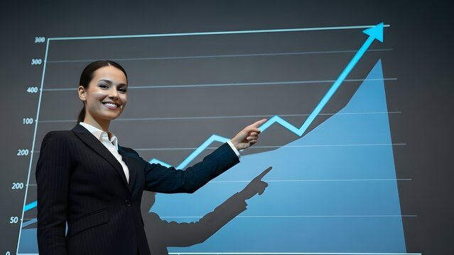 Smiling young businesswoman pointing at positive financial growth graph chart