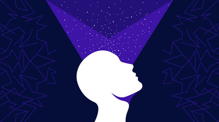 Abstract Illustration of a Human Profile Silhouette Looking Up Into a Starry Universe with Light Beams, Concept for Consciousness, Imagination, and Mental Awareness © Dreamine