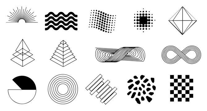 Set of vector logos, icons, and abstract geometric shapes featuring black halftone dot patterns and circular design elements for a modern wallpaper texture illustration