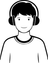 Obraz premium Hand Drawn Boy Wearing Headphones Black and White Avatar Illustration in Minimal Line Art Style Design