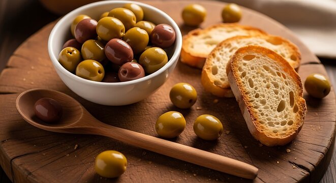 Olives and bread on a wooden board