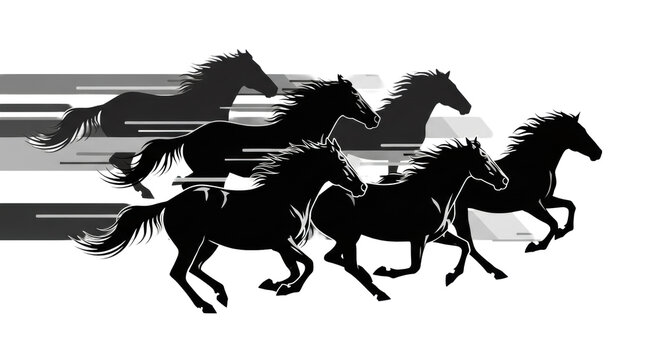Dynamic herd of six mustangs galloping as monochrome silhouettes against a sterile white background layered with abstract grey speed lines, concept of dynamic force and untamed freedom
