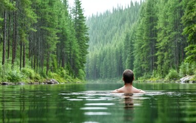 Fototapeta premium Serene Person Swimming in Tranquil Forest Lake