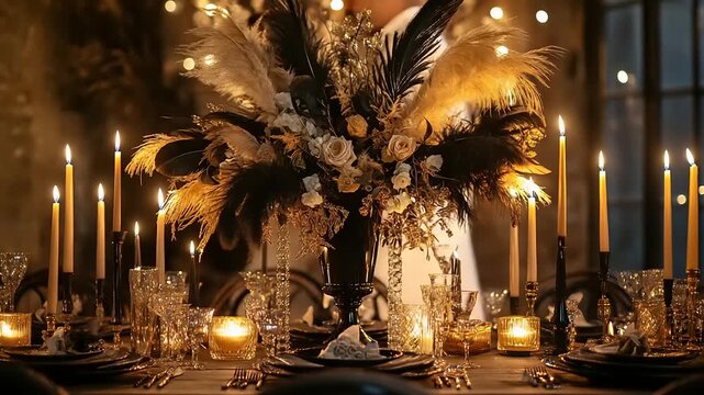 Luxurious Dinner Table with Feathers and Candles.