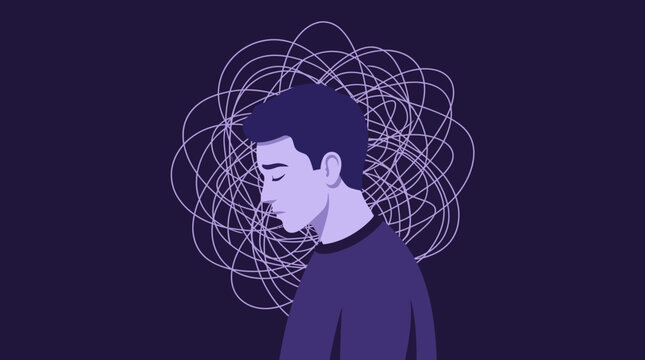 Mental Health Illustration of a Depressed Man with Tangled Thoughts Representing Anxiety, Stress, and Confusion