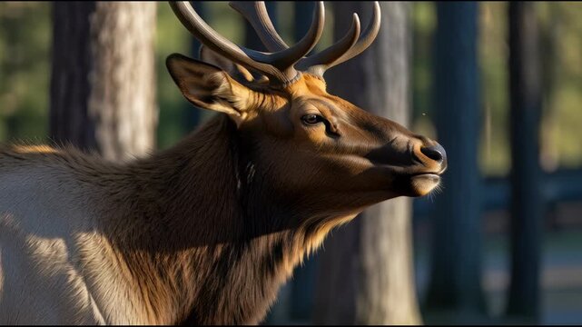 Majestic elk calling in forest sunlight with large antlers and open mouth