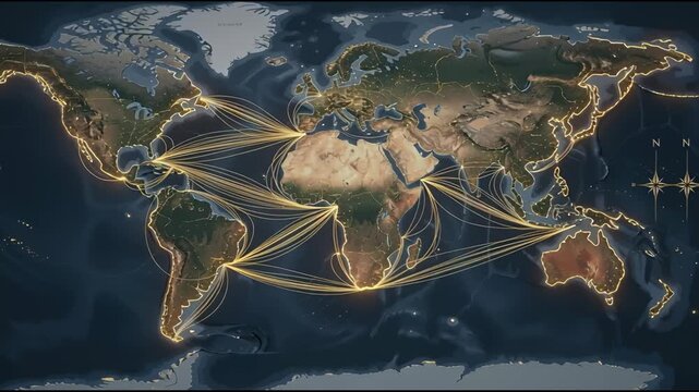 Global network connections visualized on a world map for communication