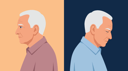 Obraz premium Elderly Man Mental Health Illustration Showing Contrast Between Normal State and Depression, Senior Loneliness and Dementia Awareness Concept