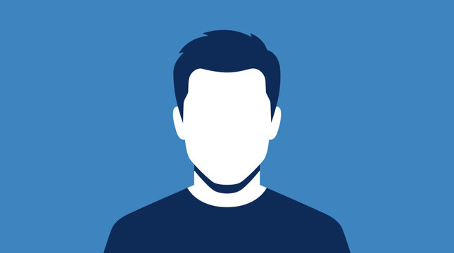 Male Avatar Profile Picture Silhouette Icon, Minimalist Flat Vector Illustration of Anonymous User Placeholder on Blue Background