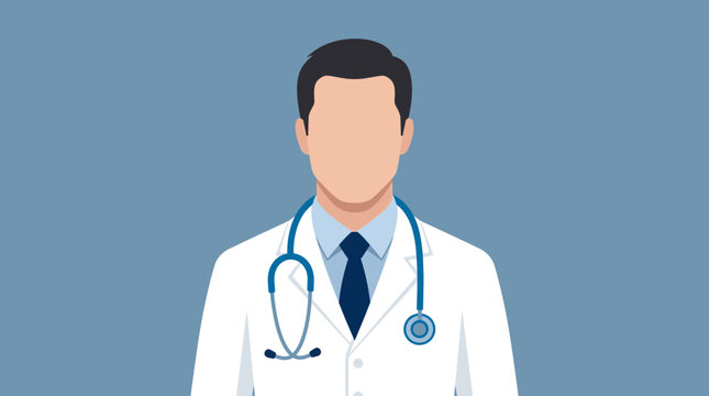 Flat Vector Illustration of a Faceless Male Doctor in White Lab Coat with Stethoscope on Blue Background for Healthcare and Medical Concepts
