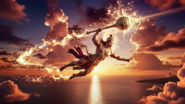 Lord Hanuman Flying with Golden Gada Mace in Sunset Sky