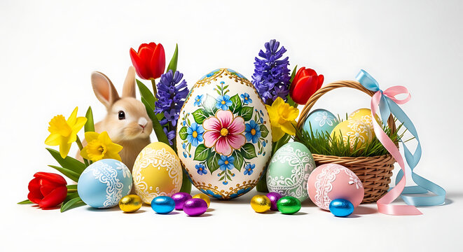 A vibrant easter display with decorated eggs, a bunny, flowers, and a basket