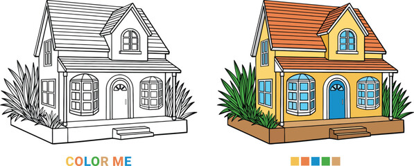 Fototapeta premium Kids coloring page featuring a beautiful suburban house, black and white outline alongside bright colorful example with palette, educational vector graphic.