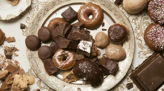 overthrow. A lavish still life of cakes and donuts spilling onto a patterned tablecloth in soft morning light. menu design.