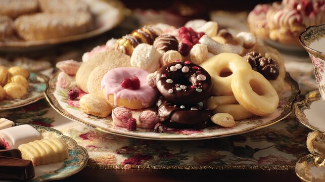 overthrow. A lavish still life of cakes and donuts spilling onto a patterned tablecloth in soft morning light. menu design.