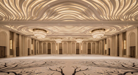 Obraz premium Luxurious and opulent ballroom with grand chandeliers and a unique wavy ceiling design, perfect for events and celebrations