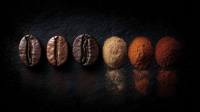 sequential. Coffee beans from whole to cracked to fine powder, arranged on a dark surface. menu design, packaging mockups, designed for food delivery and cloud-kitchen brand materials.