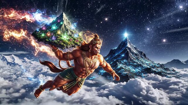 Lord Hanuman Carrying Dronagiri Mountain in Starry Night Sky